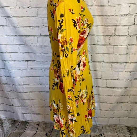 Magic Fit Yellow Floral Dress Long Sleeve Mustard V Neck Soft Size M - Picture 3 of 11